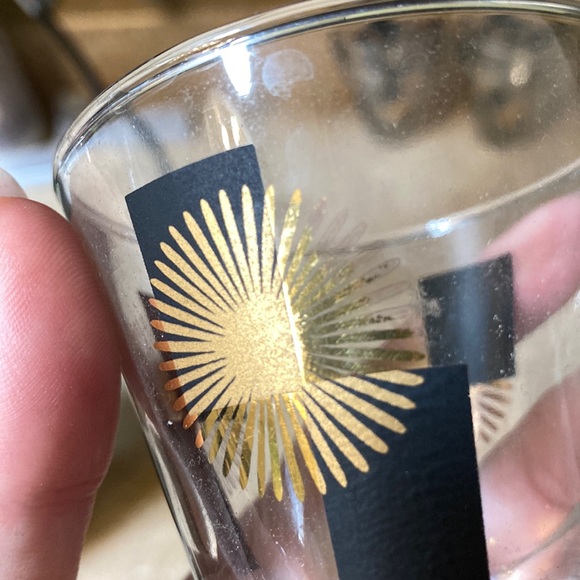 Mid Century Modern Atomic Starburst Black & Gold Rocks/Whiskey Glasses Set of 5 - Picture 3 of 3